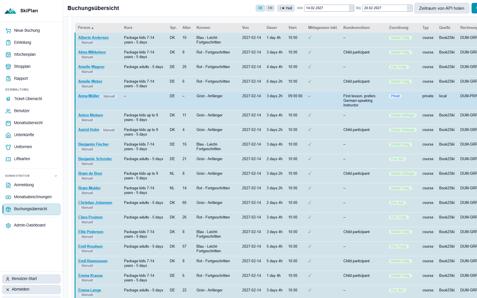 Booking overview 14 Feb 2027